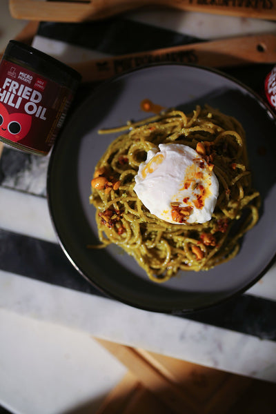 Super Simple Pesto Pasta with Poached Egg