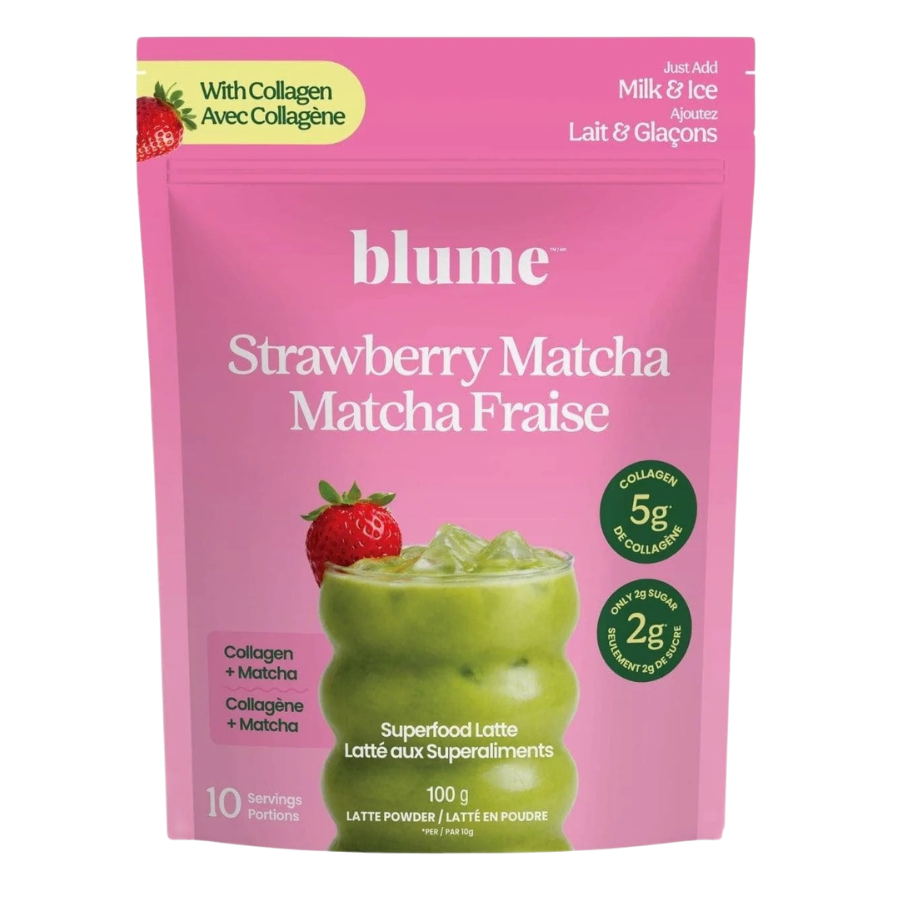 A 100g stand-up pouch of Blume Superfood Latte in Blue Lavender flavor, featuring a light purple-blue background with white text and a graphic of a glass cup of latte.