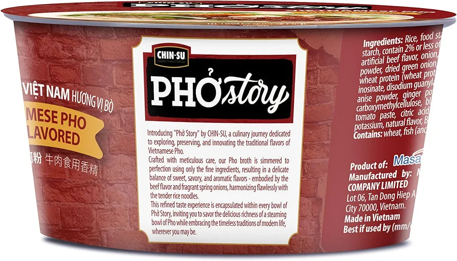 Chin-su Pho-story Vietnamese noodle soup container with branding and product details.