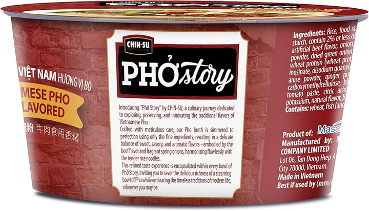 Chin-su Pho-story Vietnamese noodle soup container with branding and product details.