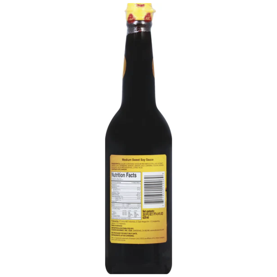 Bottle of soy sauce with nutrition facts label on a white background