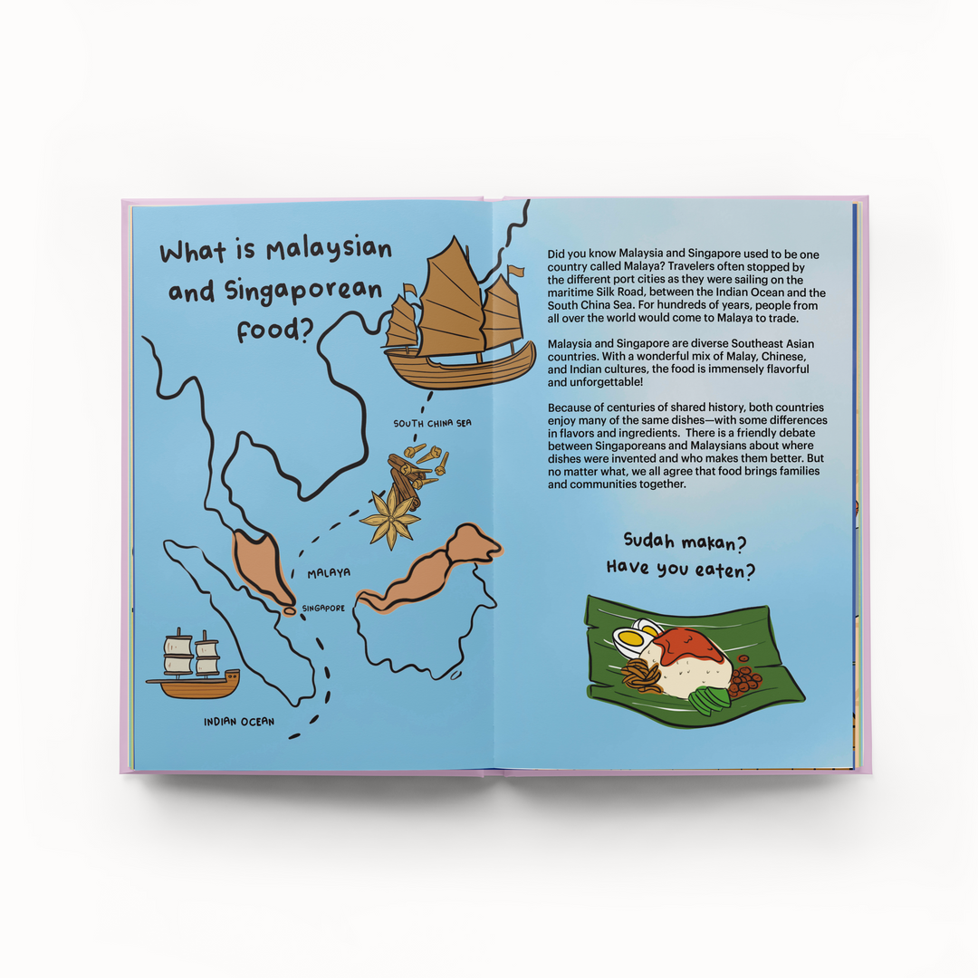 A page of colorful map of Malaysia and Singapore with fun food icons and boats, in A Very Asian Guide to Malaysian and Singaporean Food