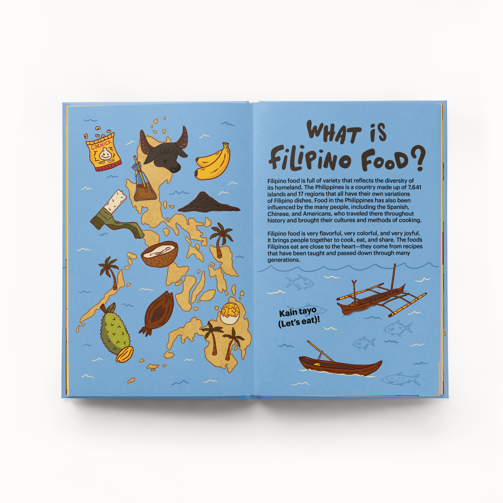 Colorful map of the Philippines with fun food icons and boats, introducing Filipino food in A Very Asian Guide to Filipino Food