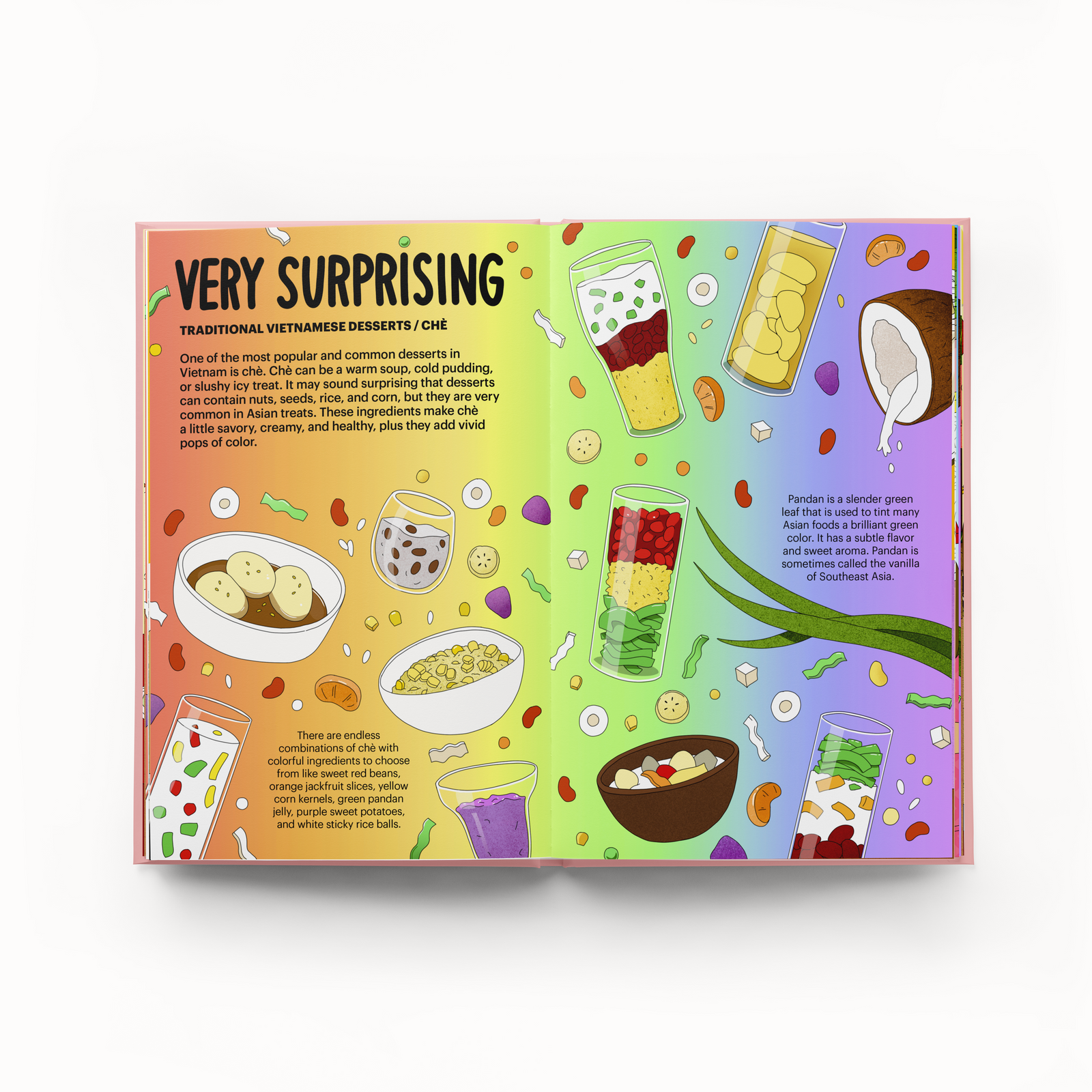 Open book spread from A Very Asian Guide to Vietnamese Food featuring colorful illustrations and descriptions of traditional Vietnamese desserts, chè.