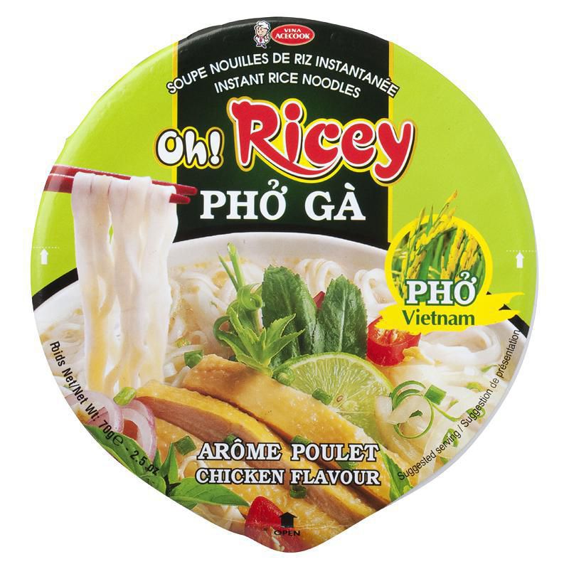 Acecook Oh! Ricey Pho Noodles Chicken Flavor, 2.5 oz bowl style, top view, Vietnamese 
