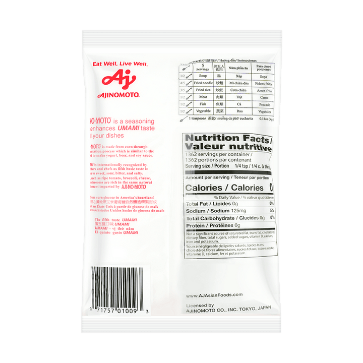 Back of a Ajinomoto seasoning packet with nutritional information on a blue background