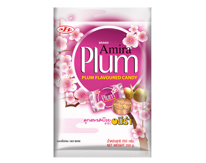 Pink Amira Plum flavoured candy package with plum blossoms, fresh plums, and wrapped candy, 250 g