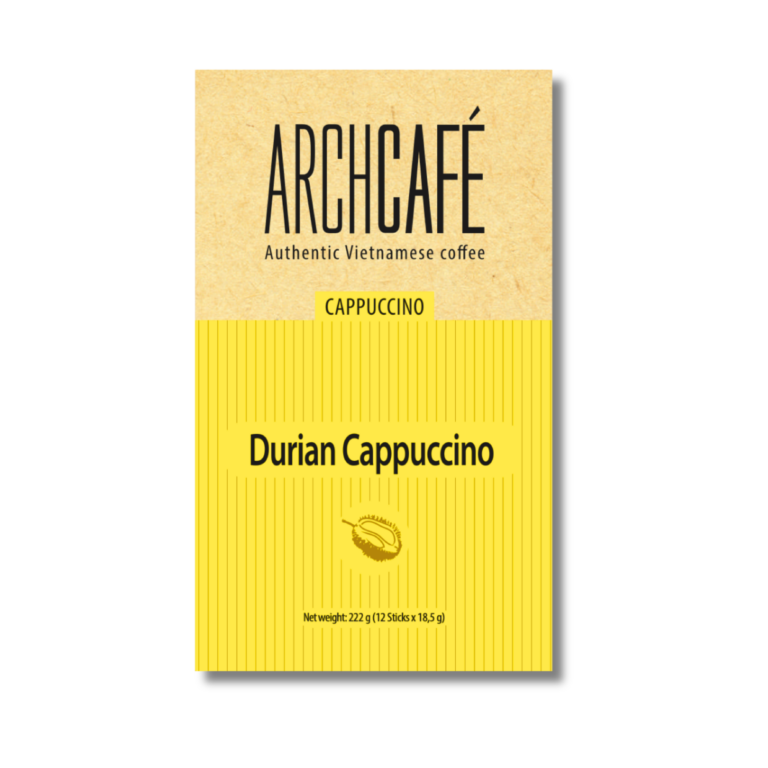 Archcafe Durian Cappuccino coffee package on a white background