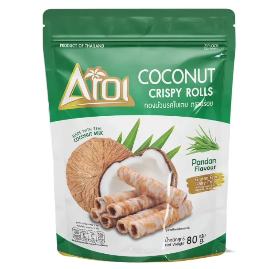 Packaging of Afoi Coconut Crispy Rolls with coconut and roll images on a white background