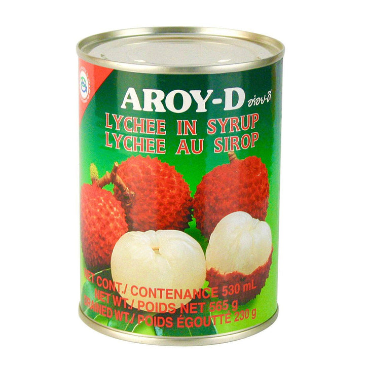 A can of Aroy-D Lychee in Syrup, showing the lychees on the label and the net weight of 565 grams.