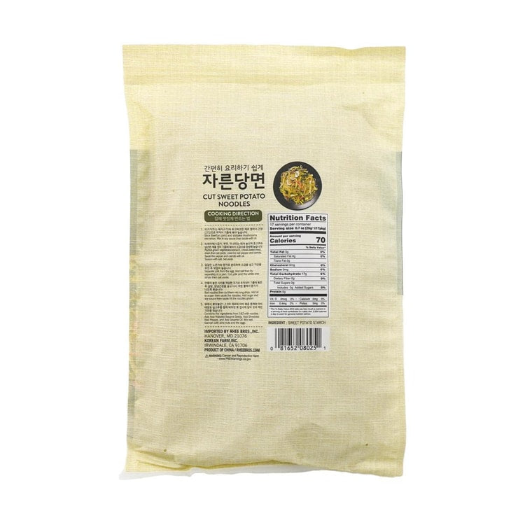 Package of cut sweet potato noodles with nutritional information on a white background