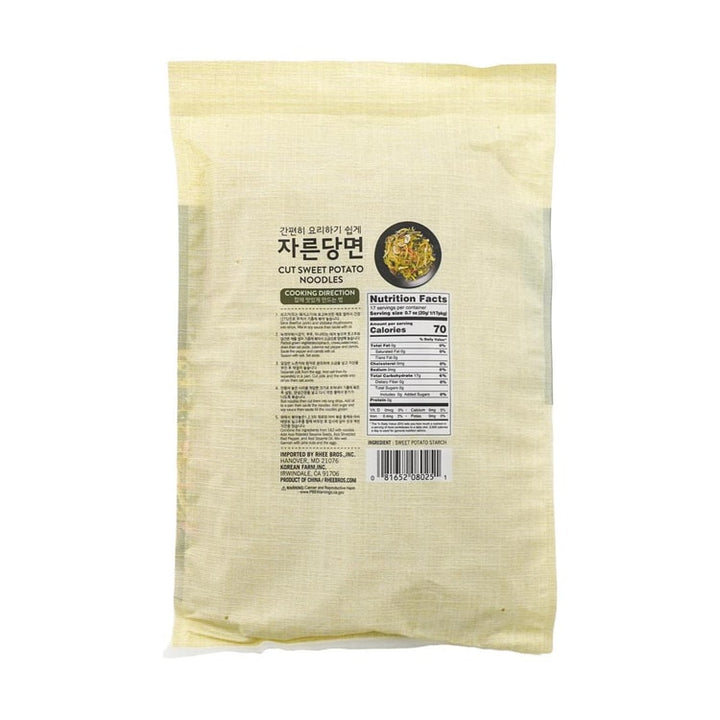 Package of cut sweet potato noodles with nutritional information on a white background