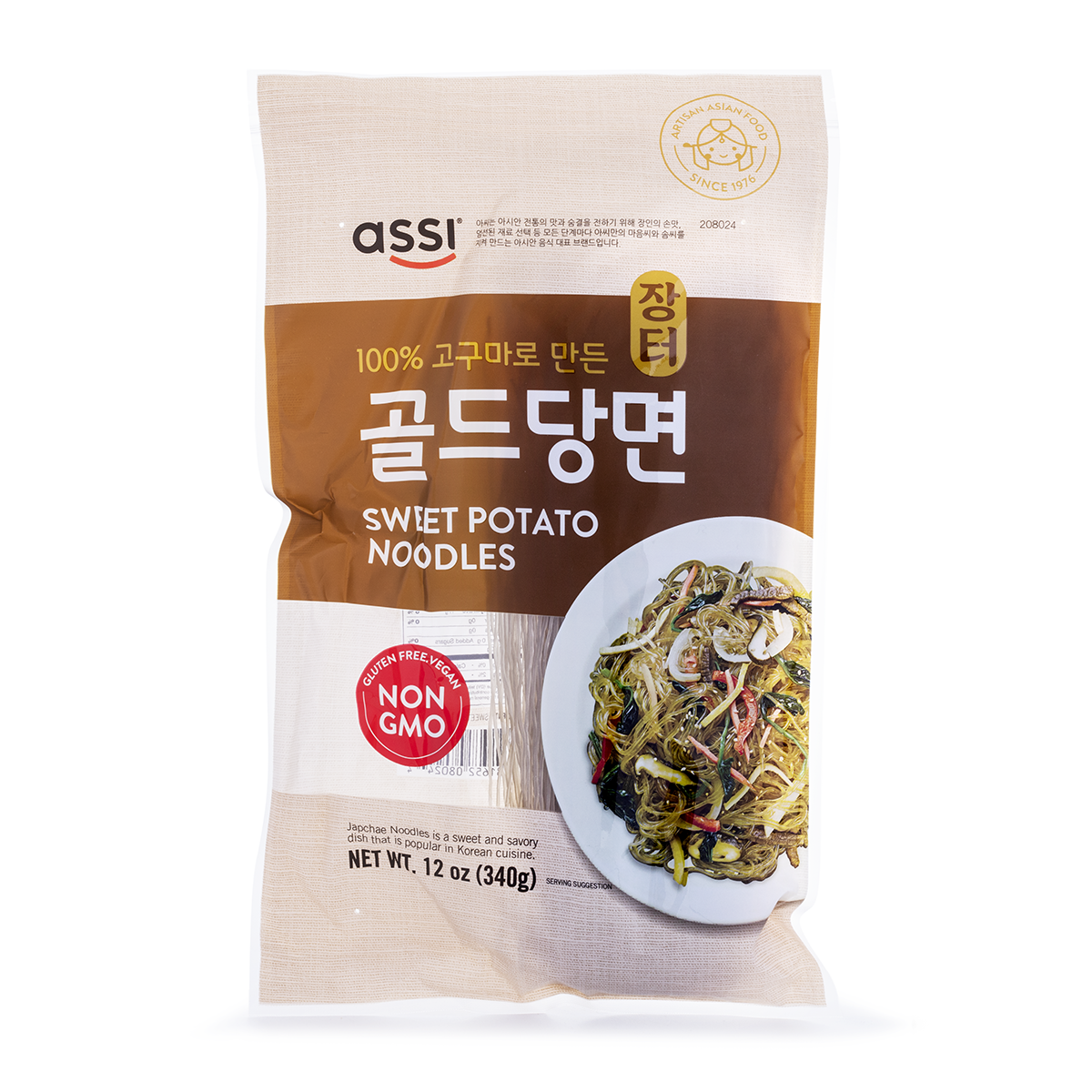 Packaging for Assi Sweet Potato Noodles showing the product name, an image of the noodles, and dietary preference labels such as 'NON GMO', 'Gluten Free', and 'Vegan'. The package indicates the product is made in China and weighs 12 oz (340 grams).