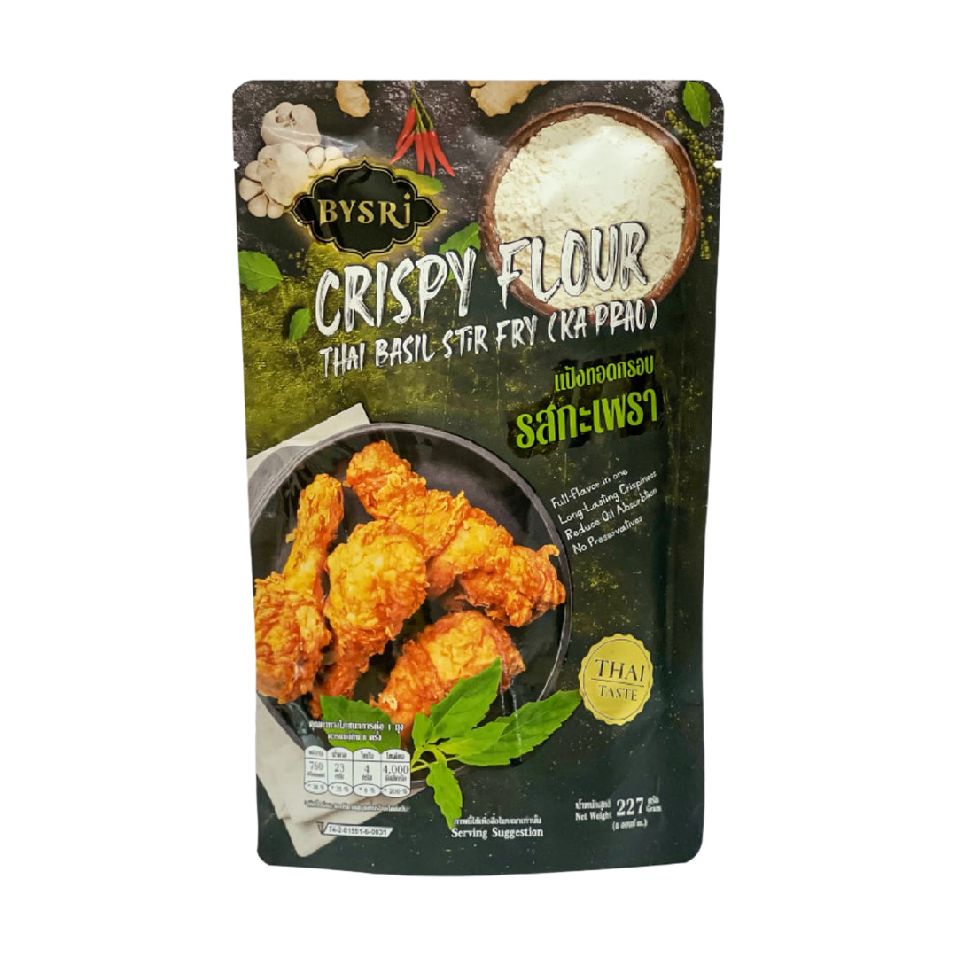 BYSRI Crispy Flour Thai Basil Stir Fry (Ka Prao) package, featuring a colorful design with Thai basil leaves and bold text, labeled 'Product of Thailand'