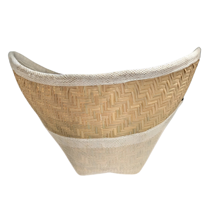 Woven basket with a geometric pattern on a white background