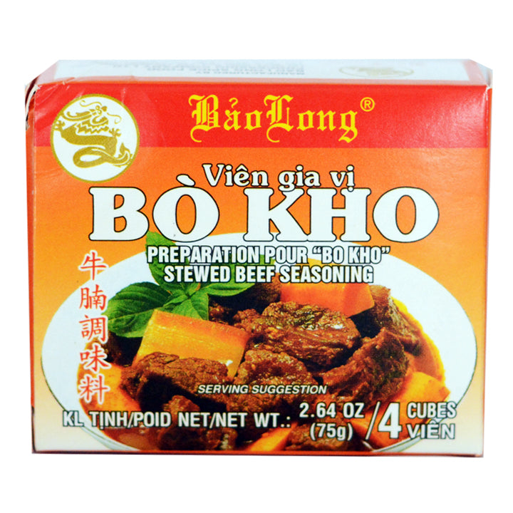 Packaging of Bao Long Vien Gia Vi Bo Kho Stewed Beef Seasoning, showing the product name, brand logo, and an image of a served beef stew.