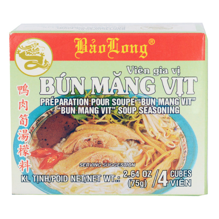 Packaging of Bao Long Bun Mang Vit soup seasoning, showing the product name and an image of a bowl of soup. The package is green and white with Vietnamese text and an English translation.