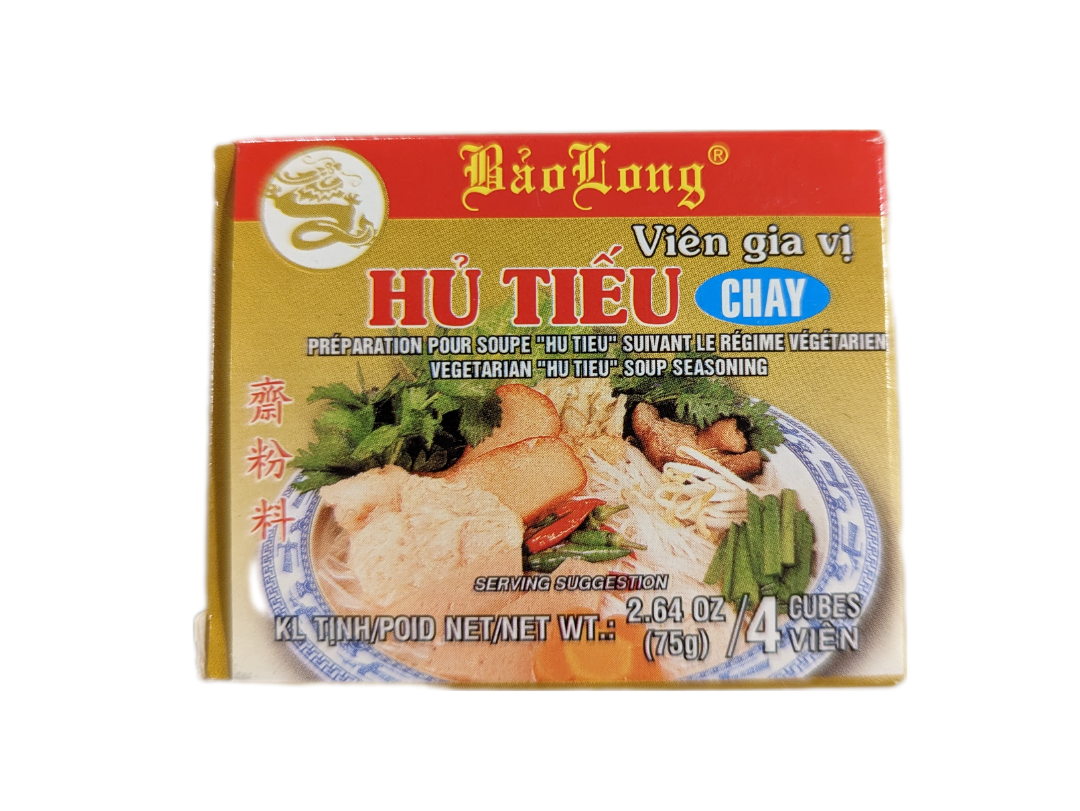 Packaging of Bao Long Hu Tieu Chay Seasoning, showing product name and images of vegetables, with a net weight of 2.64 oz (75 grams) in four cubes.