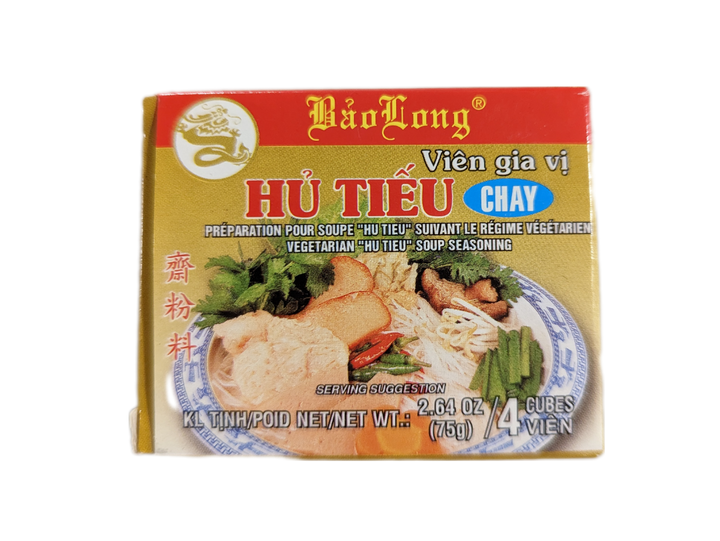 Packaging of Bao Long Hu Tieu Chay Seasoning, showing product name and images of vegetables, with a net weight of 2.64 oz (75 grams) in four cubes.