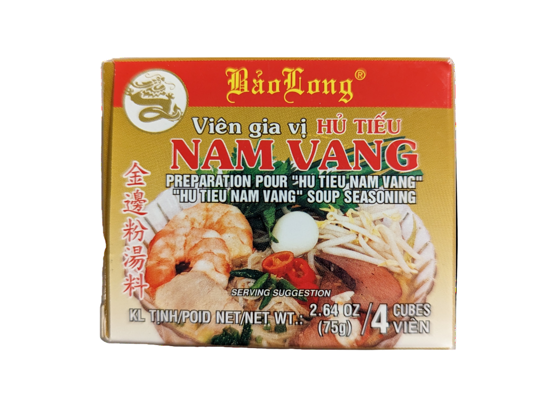 Cube package of Bao Long Vien Gia Vi Hu Tieu Nam Vang Soup Seasoning, showing an image of two cooked shrimps, bean sprouts, one quail egg and some green vegetables in a bowl of soup.