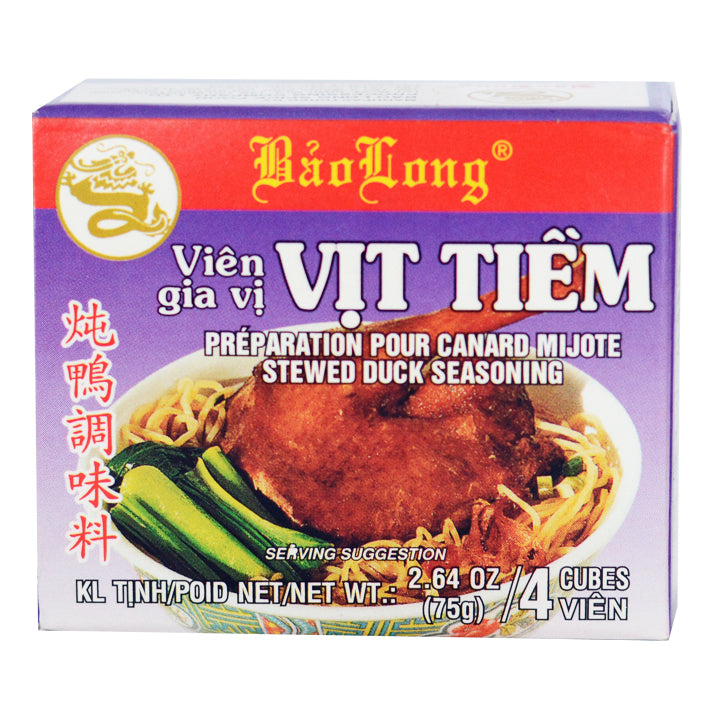 Cube package of Bao Long Vien Gia Vit Tiem Stewed Duck Seasoning, showing a picture of a stewed duck dish, boiled bok choy, yellow noodles in a soup bowl.  