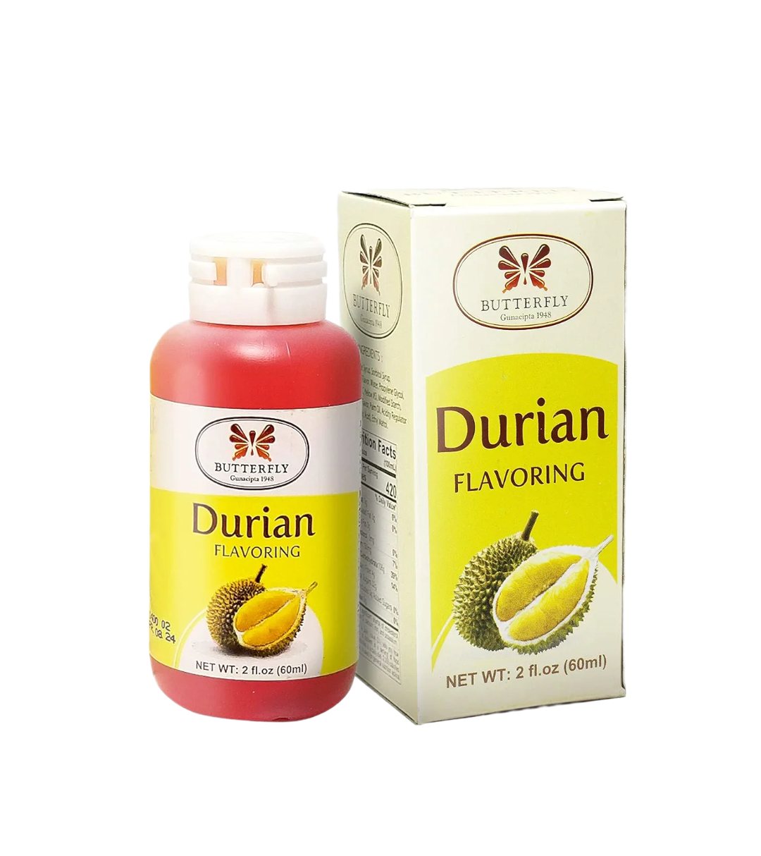 A bottle and box of Butterfly Durian Flavoring, with the bottle showing the product name and an image of a durian fruit, and the box providing additional product information.