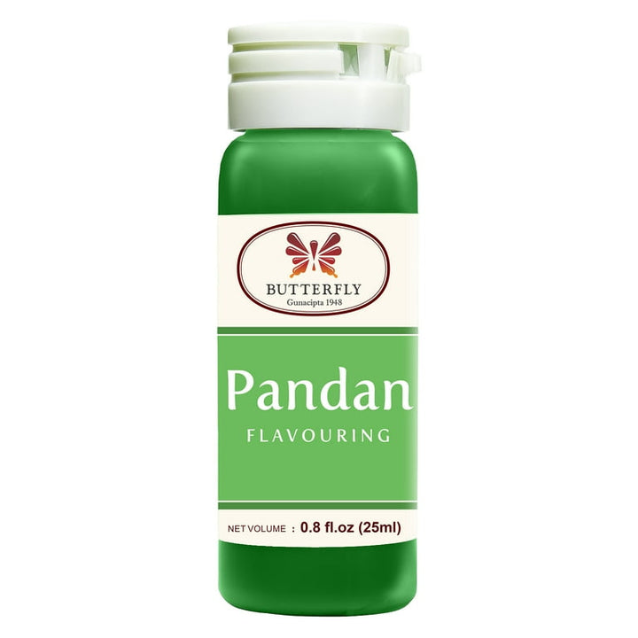 A bottle of Butterfly Pandan Flavoring with a label showing the brand name and product name. The bottle is primarily dark blue with white and green text.