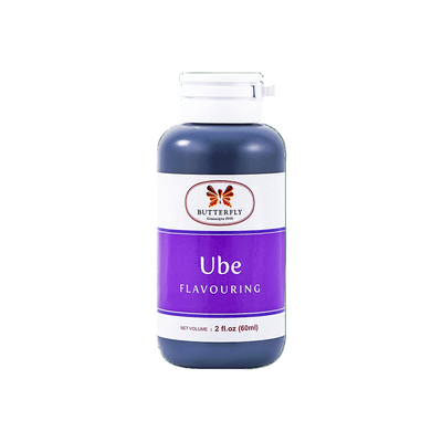 Plastic bottle of Ube flavouring with Butterfly brand logo on purple and white label