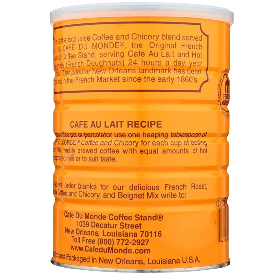 Orange can with text about Cafe Du Monde coffee and chicory blend on a white background