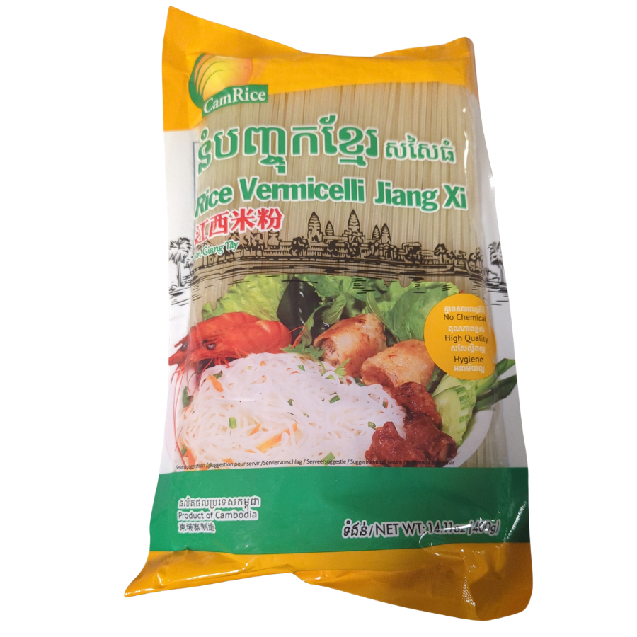 Packaged rice vermicelli with Cambodian branding on a white background
