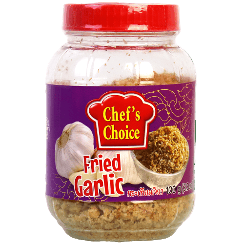 Plastic jar of 'Chef's Choice' fried garlic with a red lid on a white background