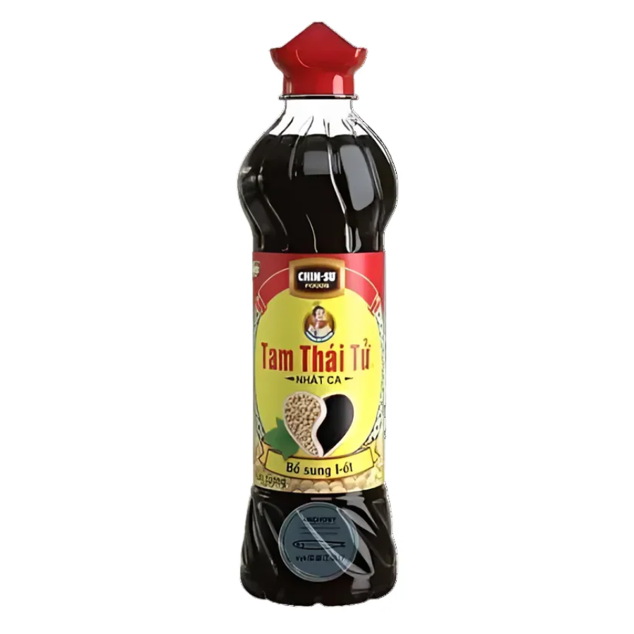 Bottle of Tam Thai Tu soy sauce with a red cap on a white background