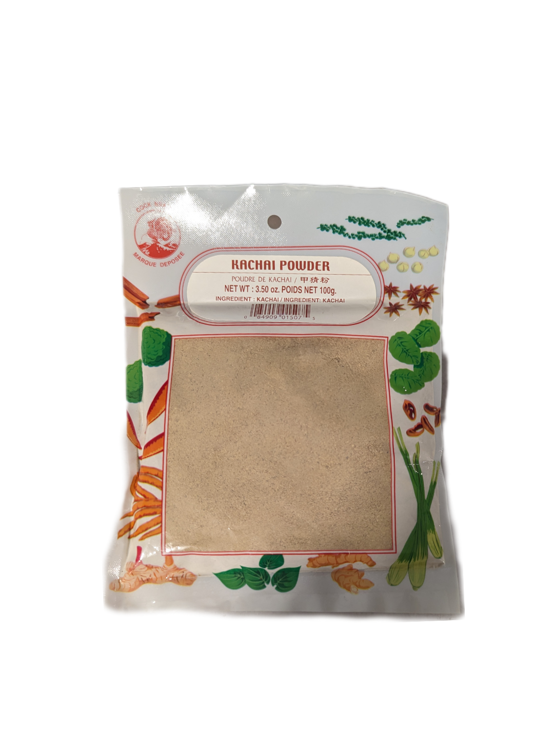 Packaging of Cock Brand Kachai Powder featuring the product name and an illustration of the spice powder with decorative elements.