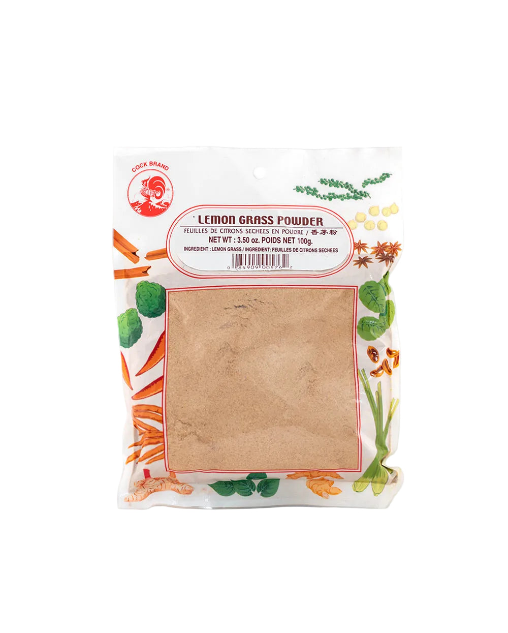 Packaged lemon grass powder with brand logo and product details on a white background