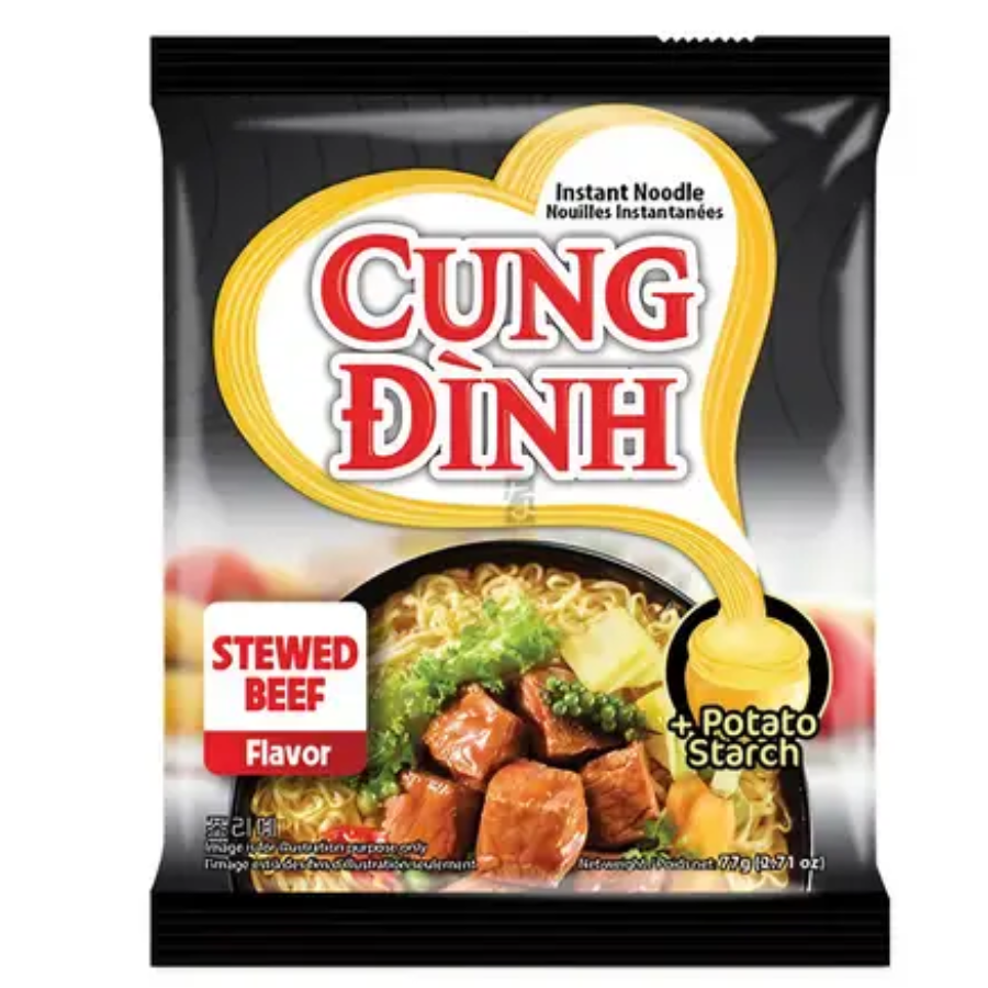 A package of Cung Dinh Stewed Beef flavor instant noodles with potato starch, featuring a black background with a yellow heart-shaped graphic and a bowl of prepared noodle soup on the front.