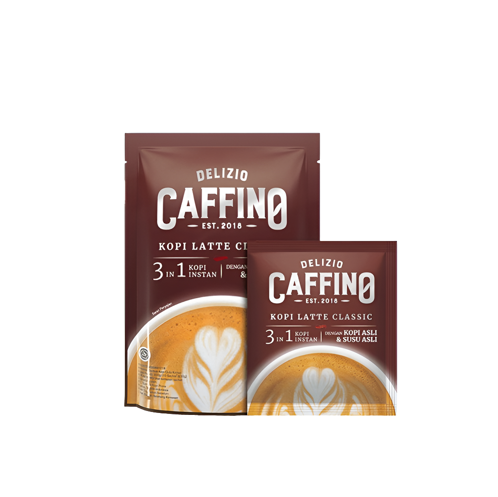 Packaging of Delizio Caffino 3 in 1 Classic Coffee Latte with less sugar. The package is predominantly brown with white and red text, and an image of a coffee cup with a latte art design.