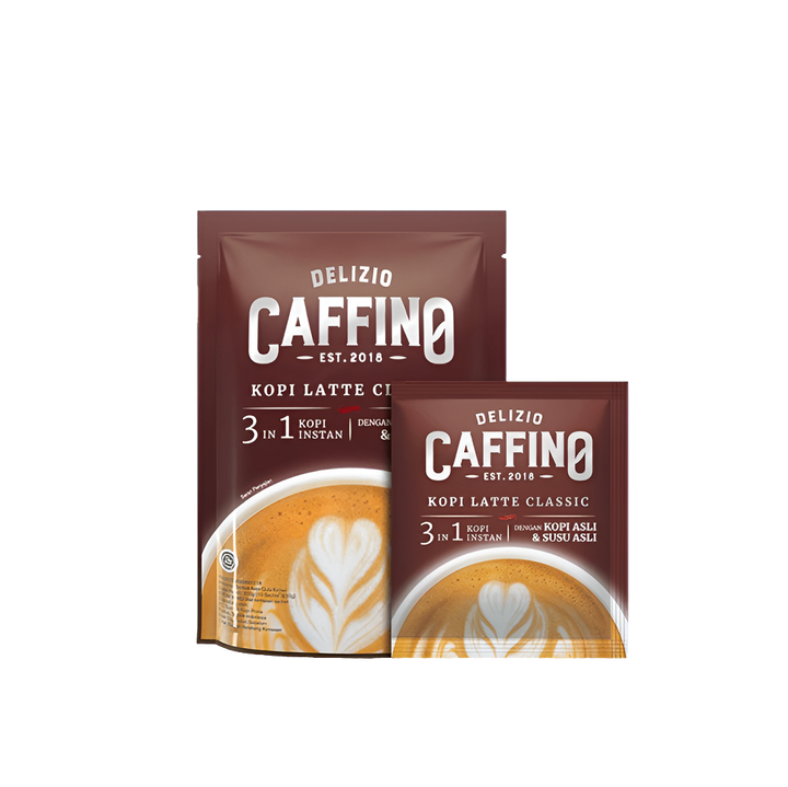 Packaging of Delizio Caffino 3 in 1 Classic Coffee Latte with less sugar. The package is predominantly brown with white and red text, and an image of a coffee cup with a latte art design.