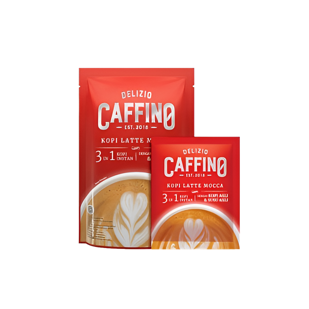Delizio Caffino 3 in 1 Kopi Latte Mocca instant coffee packaging, featuring a latte with heart-shaped foam art.