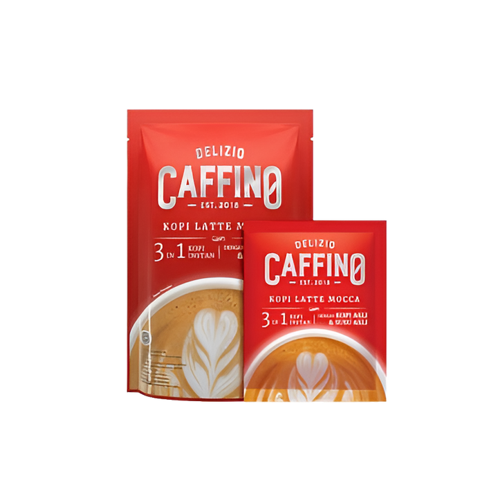 Delizio Caffino 3 in 1 Kopi Latte Mocca instant coffee packaging, featuring a latte with heart-shaped foam art.