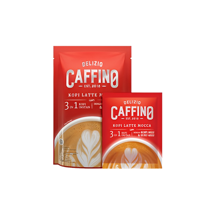 Delizio Caffino 3 in 1 Kopi Latte Mocca instant coffee packaging, featuring a latte with heart-shaped foam art.