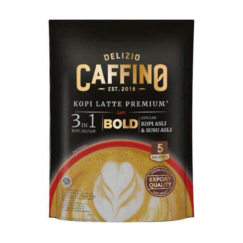 Delizio Caffino 3 in 1 Kopi Latte Premium Bold instant coffee packaging, featuring a latte with heart-shaped foam art.