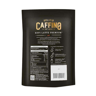 Back of Delizio Caffino 3 in 1 Kopi Latte Premium Bold instant coffee packaging, showing product details, nutrition facts, and preparation instructions.