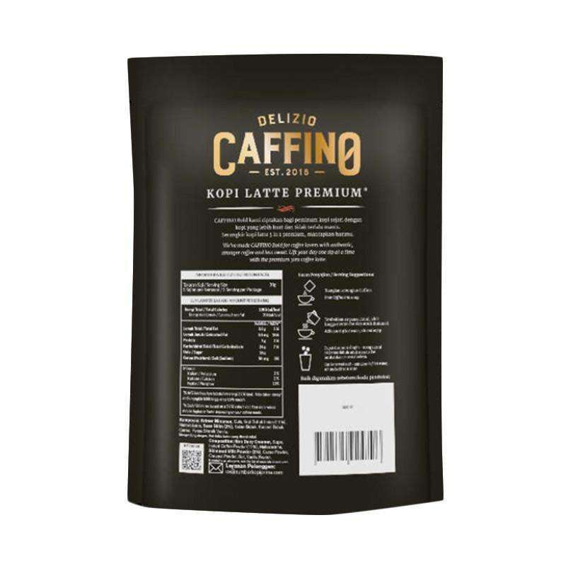 Back of Delizio Caffino 3 in 1 Kopi Latte Premium Bold instant coffee packaging, showing product details, nutrition facts, and preparation instructions.