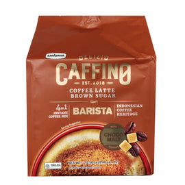 Caffino Coffee Latte Brown Sugar in brown plastic package with an image of brown sugar in coffee in a mug. 