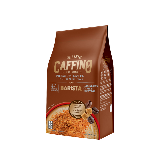 Caffino Coffee Latte Brown Sugar in brown plastic package with an image of brown sugar in coffee in a mug. 