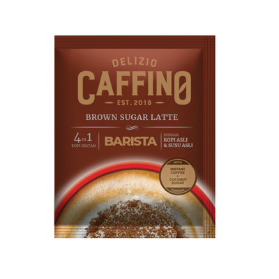 Caffino Coffee Latte Brown Sugar in brown single packet plastic package with an image of brown sugar in coffee in a mug. 