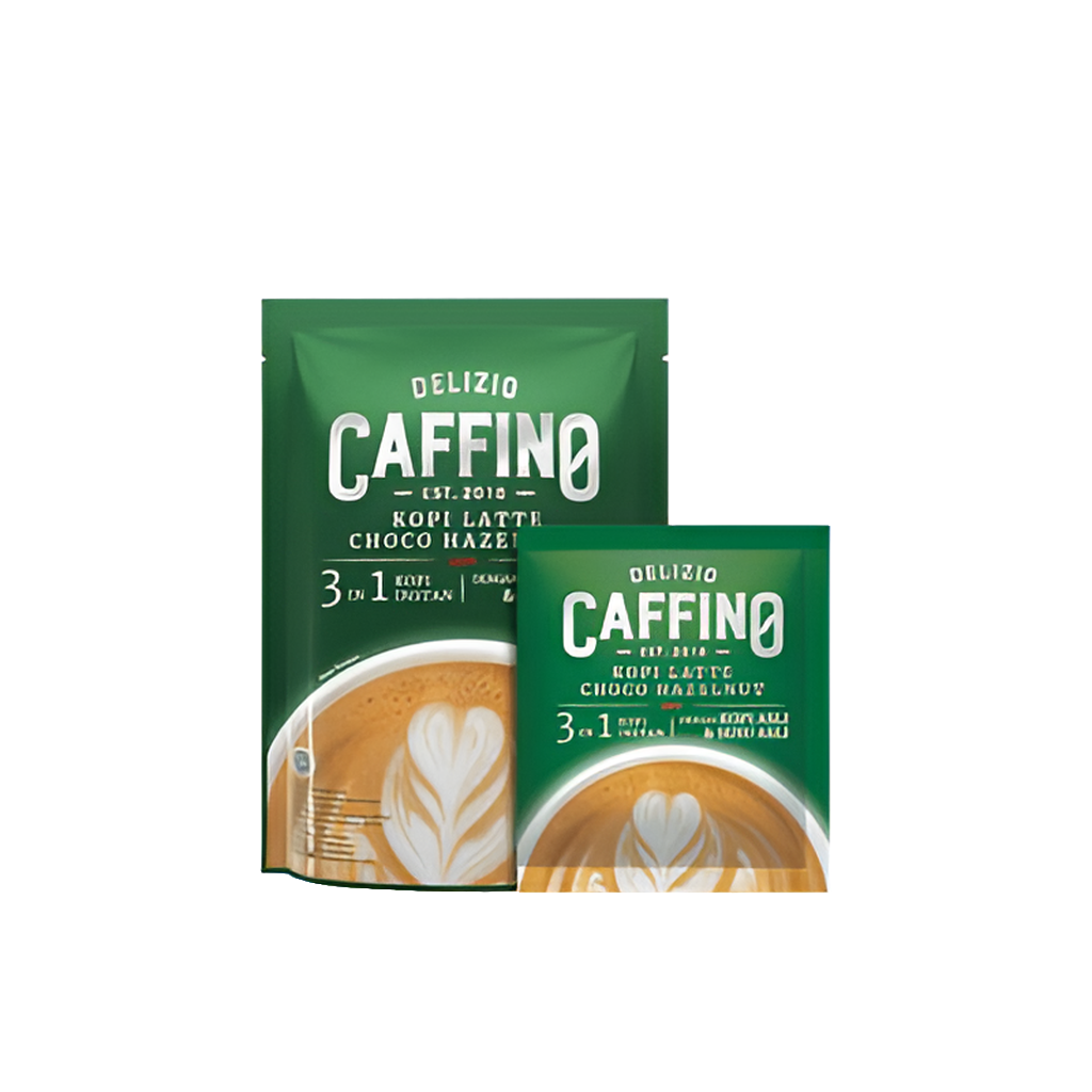 Delizio Caffino 3 in 1 Kopi Latte Choco Hazelnut instant coffee packaging, featuring a latte with heart-shaped foam art.