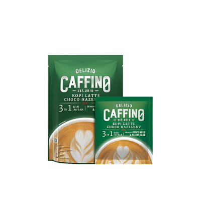 Delizio Caffino 3 in 1 Kopi Latte Choco Hazelnut instant coffee packaging, featuring a latte with heart-shaped foam art.