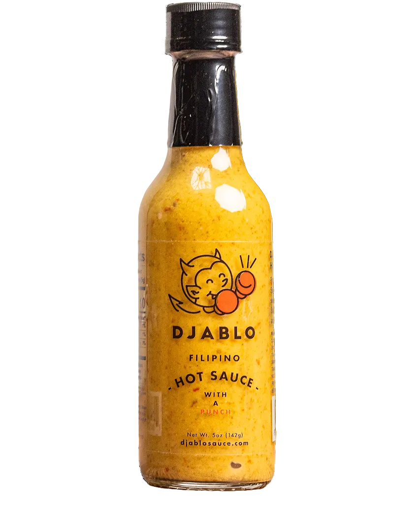 Bottle of Diablo Filipino Hot Sauce with a yellow starburst background
