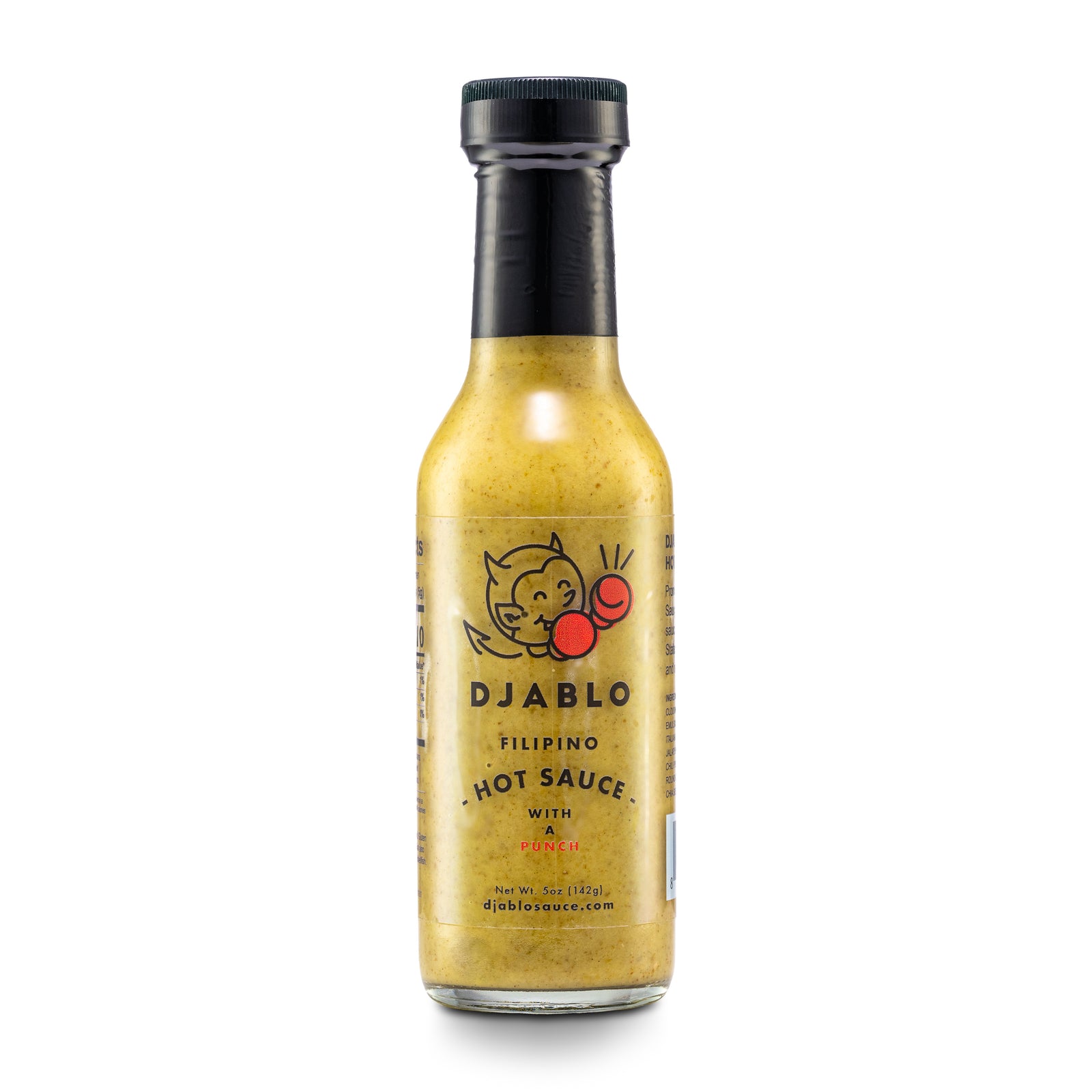 Bottle of Diablo Filipino hot sauce on a white background